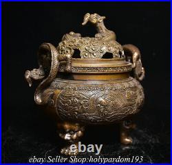 7.8 Marked Old Chinese Bronze Dynasty Dragon Fish 3 Leg incense burner Censer