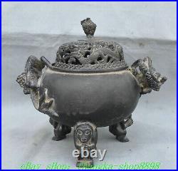 7.8'' Old Chinese Dynasty Bronze Dragon Ear 3 Leg Incense Burner Censer Statue