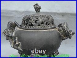 7.8'' Old Chinese Dynasty Bronze Dragon Ear 3 Leg Incense Burner Censer Statue