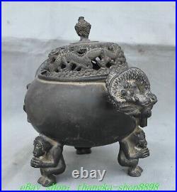 7.8'' Old Chinese Dynasty Bronze Dragon Ear 3 Leg Incense Burner Censer Statue