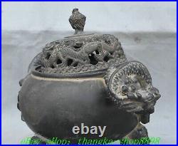 7.8'' Old Chinese Dynasty Bronze Dragon Ear 3 Leg Incense Burner Censer Statue