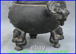 7.8'' Old Chinese Dynasty Bronze Dragon Ear 3 Leg Incense Burner Censer Statue