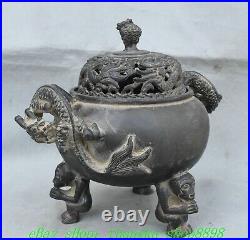 7.8'' Old Chinese Dynasty Bronze Dragon Ear 3 Leg Incense Burner Censer Statue