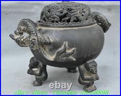 7.8'' Old Chinese Dynasty Bronze Dragon Ear 3 Leg Incense Burner Censer Statue