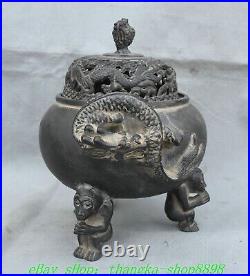 7.8'' Old Chinese Dynasty Bronze Dragon Ear 3 Leg Incense Burner Censer Statue