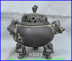 7.8'' Old Chinese Dynasty Bronze Dragon Ear 3 Leg Incense Burner Censer Statue