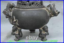 7.8'' Old Chinese Dynasty Bronze Dragon Ear 3 Leg Incense Burner Censer Statue