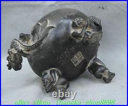 7.8'' Old Chinese Dynasty Bronze Dragon Ear 3 Leg Incense Burner Censer Statue