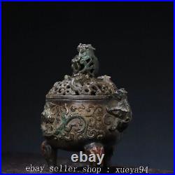 7 Chinese Ancient Bronze Dynasty Dragon Beast 3 Leg Incense Burner Censer