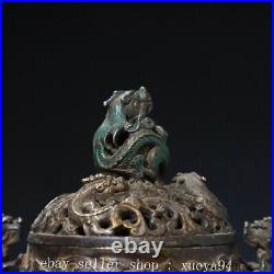 7 Chinese Ancient Bronze Dynasty Dragon Beast 3 Leg Incense Burner Censer