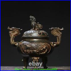 7''Old Chinese Dynasty Bronze Gilt Dragon Ear Deer 3 Leg Incense Burner Censer