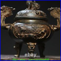 7''Old Chinese Dynasty Bronze Gilt Dragon Ear Deer 3 Leg Incense Burner Censer