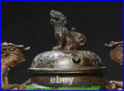 7''Old Chinese Dynasty Bronze Gilt Dragon Ear Deer 3 Leg Incense Burner Censer