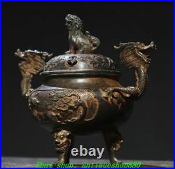 7''Old Chinese Dynasty Bronze Gilt Dragon Ear Deer 3 Leg Incense Burner Censer