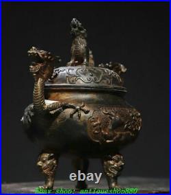 7''Old Chinese Dynasty Bronze Gilt Dragon Ear Deer 3 Leg Incense Burner Censer