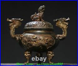 7''Old Chinese Dynasty Bronze Gilt Dragon Ear Deer 3 Leg Incense Burner Censer