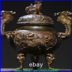 7''Old Chinese Dynasty Bronze Gilt Dragon Ear Deer 3 Leg Incense Burner Censer