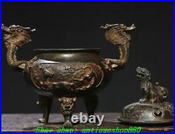 7''Old Chinese Dynasty Bronze Gilt Dragon Ear Deer 3 Leg Incense Burner Censer