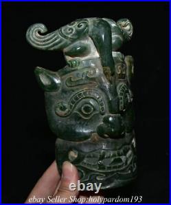 7 Old Chinese Green Jade Carved Dragon Beast Bird Face Mask Statue