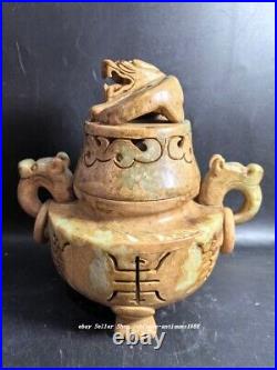 7 Old Chinese Natural Hetian Jade Carve Dragon Beast Head Incense Burner Censer