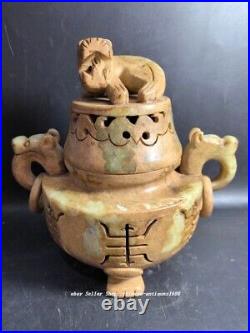 7 Old Chinese Natural Hetian Jade Carve Dragon Beast Head Incense Burner Censer