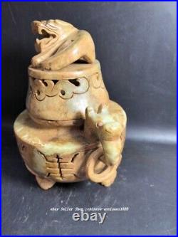 7 Old Chinese Natural Hetian Jade Carve Dragon Beast Head Incense Burner Censer