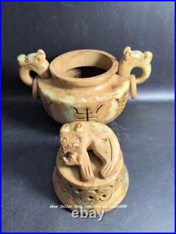 7 Old Chinese Natural Hetian Jade Carve Dragon Beast Head Incense Burner Censer