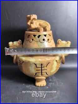 7 Old Chinese Natural Hetian Jade Carve Dragon Beast Head Incense Burner Censer