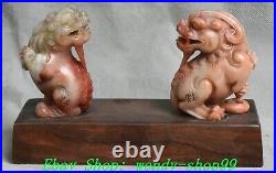 7 Old Chinese Natural Shoushan Stone Carve Fengshui Dragon Lion Statue Pair