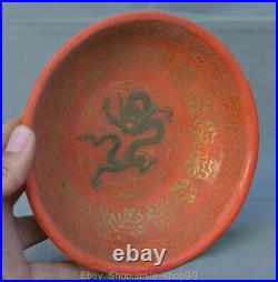 7 Rare Old Chinese Vermilion Gilt Carving Dynasty Palace Dragon Phoenix Bowl