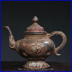 8.2 Antique Old Chinese Dynasty Marked Bronze Dragon Beast Wine Tea Pot Flagon