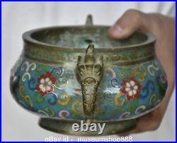 8.2 Marked Old Chinese Copper Cloisonne Dynasty Palace Dragon Ear Flower Censer