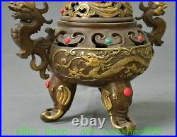 8.2'' Old Chinese Bronze Gilt Gem Dragon Ear Elephant Leg Incense Burner Censer