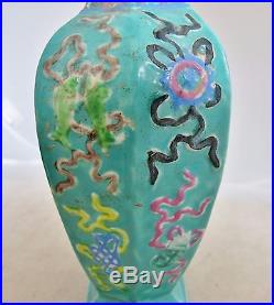8.35 Antique Chinese Turquoise Vase with High Relief Celestial Dragons & Stand