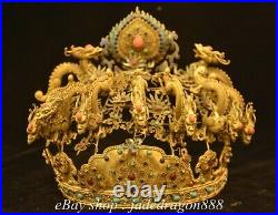 8.4 Chinese Dynasty Palace 18K Gold Gilt Inlay Gemstones Fengshui Dragon Crown