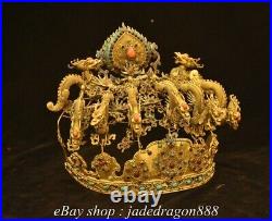 8.4 Chinese Dynasty Palace 18K Gold Gilt Inlay Gemstones Fengshui Dragon Crown