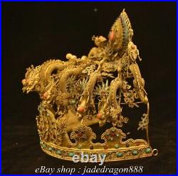 8.4 Chinese Dynasty Palace 18K Gold Gilt Inlay Gemstones Fengshui Dragon Crown