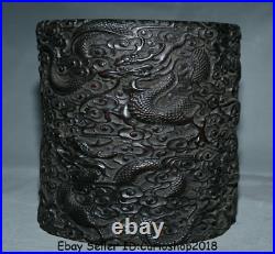 8.6 Antique Chinese Black Ebony Wood Dynasty Nine Dragon Brush Pot Pencil Vase