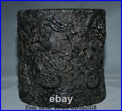 8.6 Antique Chinese Black Ebony Wood Dynasty Nine Dragon Brush Pot Pencil Vase