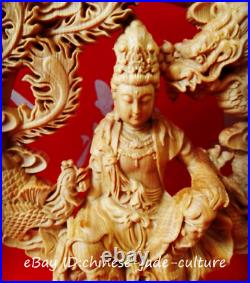 8 China Natural Boxwood Hand Carving Dragon Free Kwan Yin Goddess Buddha Statue