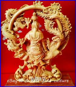 8 China Natural Boxwood Hand Carving Dragon Free Kwan Yin Goddess Buddha Statue