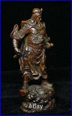 8 Chinese Boxwood Wood Carving Dragon Robe Guan Gong Guan Yu Warrior God Statue