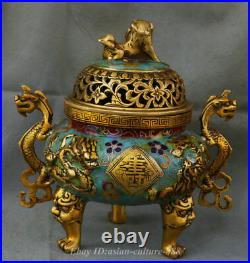 8 Chinese Dynasty Bronze Cloisonne Enamel Dragon Fu Shou Incense Burner Censer