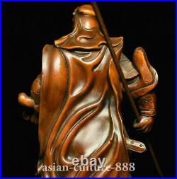 8 Chinese Folk Boxwood wood Carving Dragon Guan Gong Yu warrior figure Statue