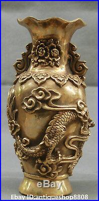 8 Marked Chinese Bronze Dragon Phoenix Bird Auspicious Lotus Bottle Vase Pair