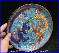 8 Marked Old Chinese Bronze Cloisonne Dynasty Dragon Phoenix Tray Plate