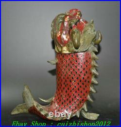 8 Old China Dynasty Bronze Cloisonne Dragon Fish Fishs Incense Burner Censer