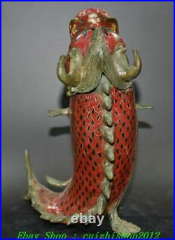 8 Old China Dynasty Bronze Cloisonne Dragon Fish Fishs Incense Burner Censer