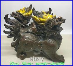 8 Old Chinese Bronze Gilt Feng Shui Dragon Pixiu Brave troops Statue Pair
