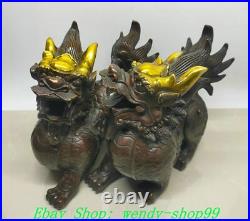 8 Old Chinese Bronze Gilt Feng Shui Dragon Pixiu Brave troops Statue Pair